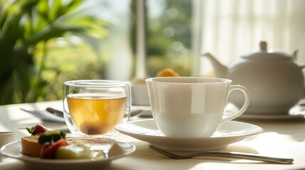 Obraz premium Experience the calming ritual of enjoying freshly brewed green tea alongside a light breakfast in a bright setting