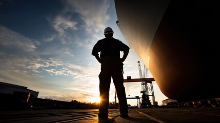 Silhouette of engineer stands confidently at sunrise in dry dock, with large vessel in background. scene captures essence of hard work and dedication in maritime industry