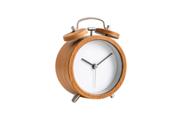 Classic wooden alarm clock with twin bells, modern minimalism combined with vintage charm, clean dial, isolated on a transparent background