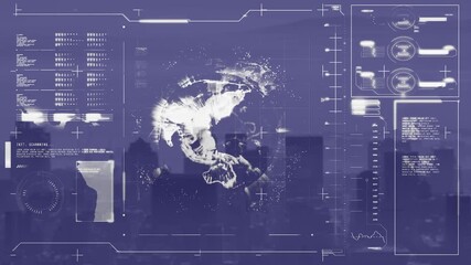 Animation of globe rotating with infographic data processing on digital interface against cityscape - Powered by Adobe