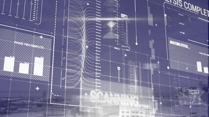 Animation of graphs with infographic data scanning process on digital interface against city - Powered by Adobe
