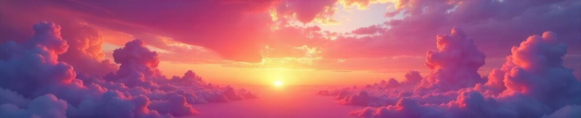 A breathtaking panoramic view of a vibrant, colorful sky at sunset or sunrise  Clouds painted with hues of orange, pink, purple, and gold create a stunning natural masterpiece ,  breathtaking,  pink