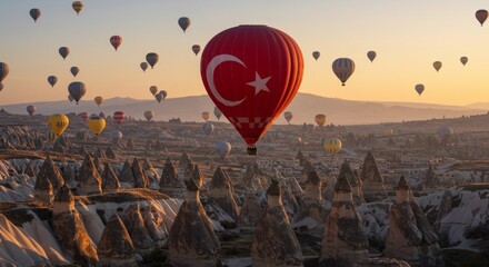 Hot air balloons flying over Cappadocia's unique landscape at sunrise with the Turkish flag.