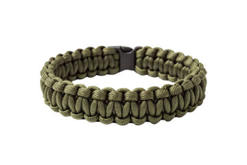 Olive green paracord bracelet with rugged weave, durable clasp, tactical outdoor accessory, isolated on a transparent background