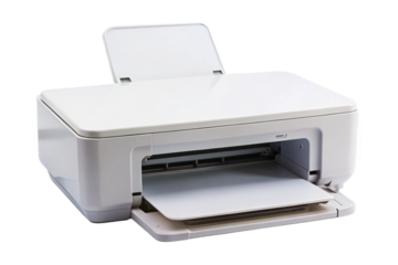 Compact white portable printer ready for printing documents seamlessly anywhere on a black background transparent background