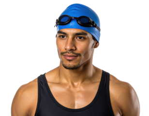 A swimmer wearing a blue cap and goggles, showcasing determination and focus, ready for a race or training session.