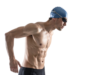 A muscular swimmer prepares to dive, showcasing athleticism and focus with a swim cap and goggles.
