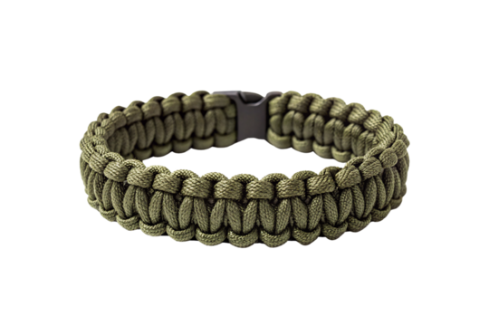 Olive green paracord bracelet with rugged weave, durable clasp, tactical outdoor accessory, isolated on a transparent background