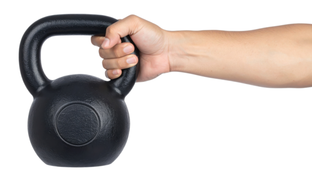 A hand gripping a black kettlebell, showcasing strength and fitness.