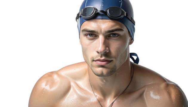 A focused portrait of a male swimmer wearing a blue swim cap and goggles, showcasing determination and strength.