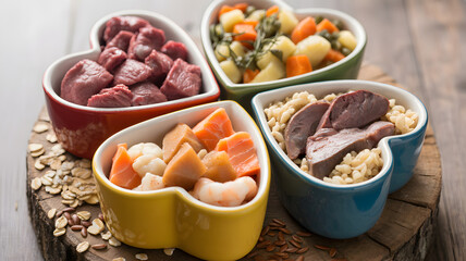 Four heart shaped bowls filled with raw meat vegetables and seafood on a wooden surface with scattered grains