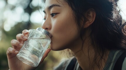 Person hydrating with clear water while outdoors in a natural setting during daytime