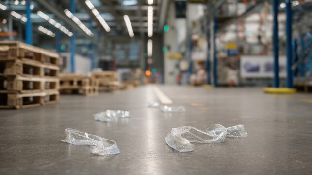 Plastic wrap remnants scattered on warehouse floor create sense of neglect in industrial setting. scene captures contrast between organized pallets and discarded material