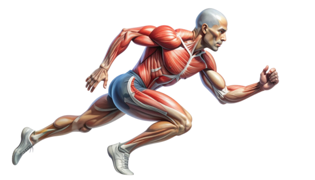 A detailed illustration of a muscular human figure in a running pose, showcasing anatomical features and muscle groups.