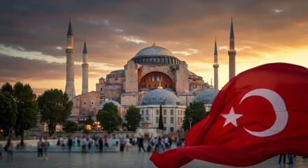 Historic Hagia Sophia at sunset framed by a waving Turkish flag.