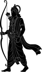 Fototapeta premium Lord Rama Silhouette Illustration in Walking Pose with Bow and Arrow. Hindu Mythology God Ram Vector Art.