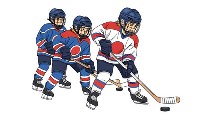 Fototapeta premium Hockey Players in Action: Dynamic illustrated depiction of young hockey players engaged in a spirited game, poised to strike the puck and showing the vigor of the sport.