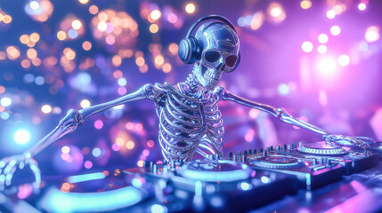 DJ skeleton playing music at a vibrant party