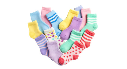 Colorful baby socks arranged in a heart shape isolated on transparent background