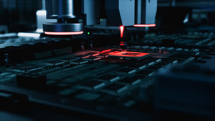 Robotic Precision in Action: Automated Machinery Meticulously Places Microchips on a Circuit Board,...
