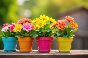 A cheerful array of colorful flowerpots brimming with vibrant blooms, ready to brighten any space Perfect for spring, summer, gardening, and home decor themes , balcony, colorful, indoor