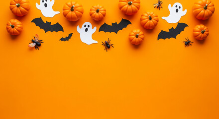 Orange background with mini pumpkins, paper ghosts, bats, and spiders, arranged for a Halloween design, showcasing a festive and spooky theme, perfect for seasonal greetings or party invitations