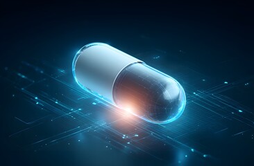 Futuristic Digital Capsule Glowing with Neon Blue Light on Dark Circuit Board Background.