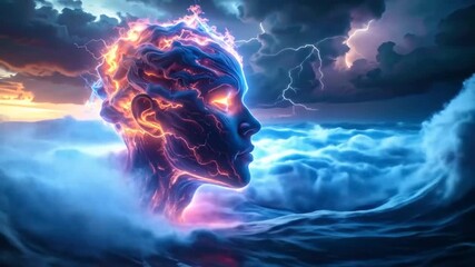 Electric Mindscape: Stormy Sea and Human Head