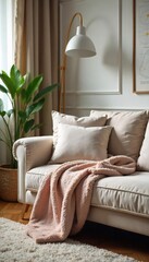 Cozy Living Room Relaxation Plush Couch with Soft Blankets and Pillows, Perfect for Rest and Recuperation in a Snug Apartment