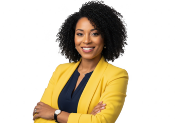 Woman with curly hair in yellow blazer isolated on transparent background