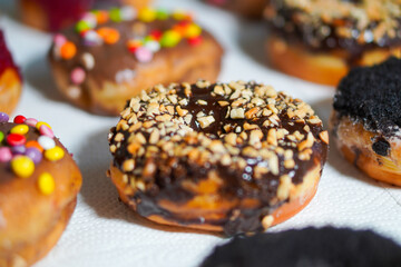 Closeup. Various flavors of donuts arranged in a row