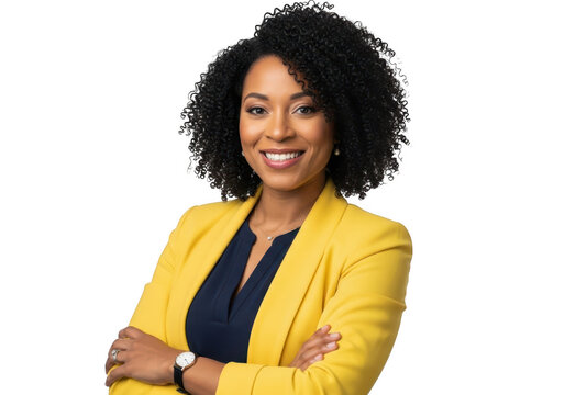Woman with curly hair in yellow blazer isolated on transparent background
