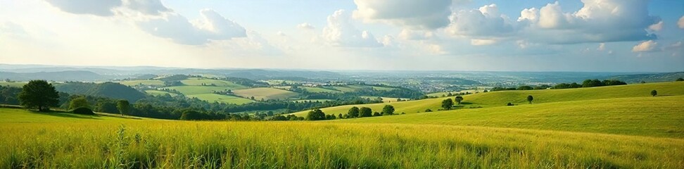 Obraz premium Serene countryside vista, endless horizon stretching across rolling hills and fields under a vast sky Perfect for travel, nature, and rural themes , tranquil, clouds