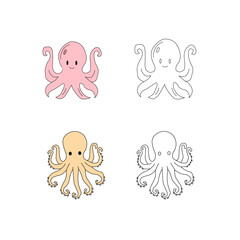 seamless pattern with sea animals. Cute hand drawn sea animals doodle set. Ocean and sea animal.Cute Octopus Line Art . Funny Octopus Outline . Adorable Octopus Cartoon Vector . Playful Octopus Doodle