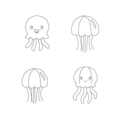 seamless pattern with sea animals. Cute hand drawn sea animals doodle set.Cute Jellyfish Line Art . Minimalist Jellyfish Outline . Funny Jellyfish Cartoon Vector . Adorable Jellyfish Doodle

