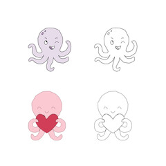 seamless pattern with sea animals. Cute hand drawn sea animals doodle set. Ocean and sea animal.Cute Octopus Line Art . Funny Octopus Outline . Adorable Octopus Cartoon Vector . Playful Octopus Doodle