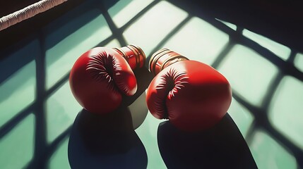 Close-up of gloves resting on boxing ring corner pad, soft shadows