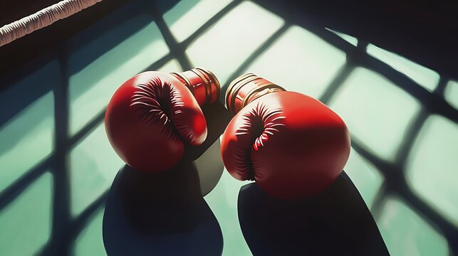 Close-up of gloves resting on boxing ring corner pad, soft shadows