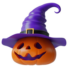 Halloween pumpkin or Jack O Lantern with witch hat. 3d realistic cute pumpkin with carving funny cheerful face. Isolated transparent png illustration