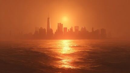 Golden Hour Cityscape Silhouette over Water Reflecting Sunlight in New York City Skyline View from Sea Level