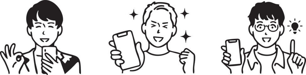 Boost your mobile app with these cheerful illustrations showing men using their smartphones with happy expressions and big ideas, perfect for ads