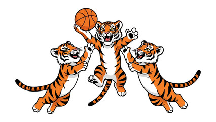 Tiger Basketball Team: An energetic team of tiger mascots plays basketball, filled with a sense of animated joy.