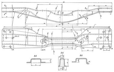Car chassis. Truck cross-frame.
Engineering automotive mechanical drawing of steel 
device on paper sheet. Industrial cad scheme. 
Technology design of machine building industry. 
Machined template.
