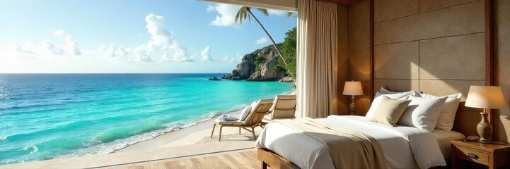 Fototapeta premium A lavish honeymoon suite overlooking a pristine ocean, complete with a private balcony and luxurious amenities Indulge in ultimate relaxation and romance , amenities, unforgettable, luxury