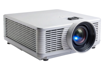 Clean isolated white projector with blue light emitting from lens for presentations transparent background