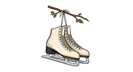 Vintage white ice skates with black laces hanging from a branch isolated on transparent background