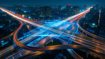 Obraz na płótnie Canvas Aerial view of a modern city at night with blurred traffic lights on a highway interchange, showcasing urban transportation and infrastructure