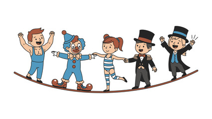  Balancing Act: A charming illustration depicts a group of circus performers joyfully treading a tightrope, capturing the spirit of adventure, teamwork and amusement