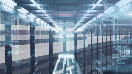Animation of data processing on digital interface against server room - Powered by Adobe