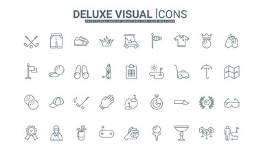 Trophy of game victory, grass, hole of field, putter stick, and ball thin black outline symbols vector illustration. Golf tournament, equipment of golfer, and car, course line icons set.